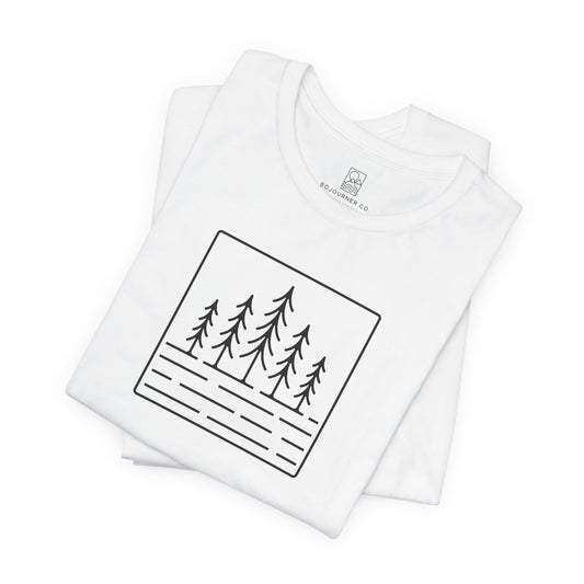 Pine Reflection Tee – Minimalist Forest Line Art