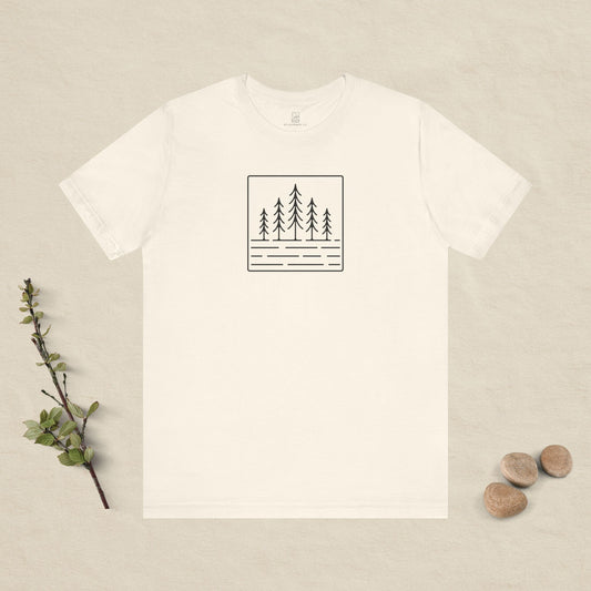 Pine Reflection Tee – Minimalist Forest Line Art